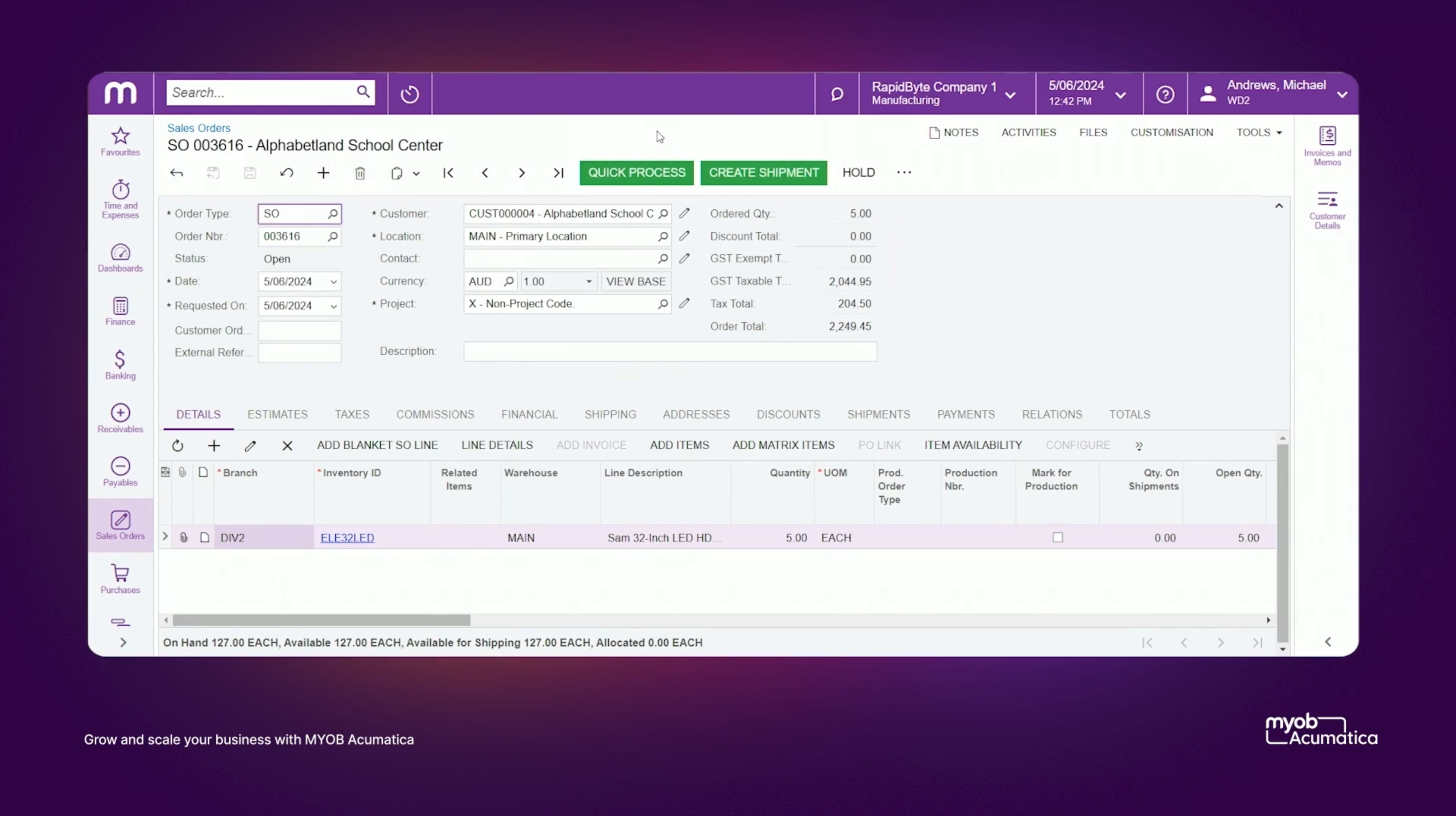 screenshot of MYOB Acumatica